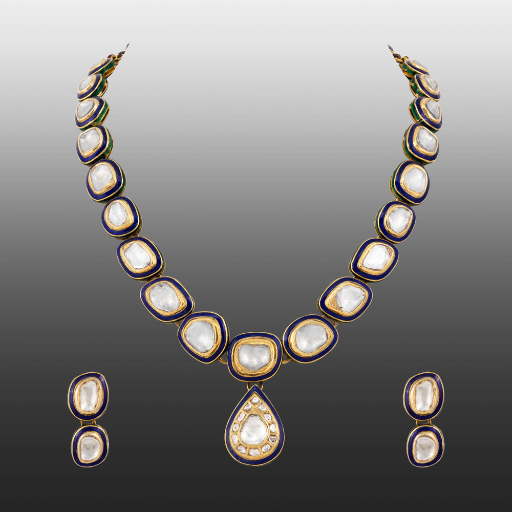 Framed Blue Enamel Polki Necklace with Central Teardrop Pendant